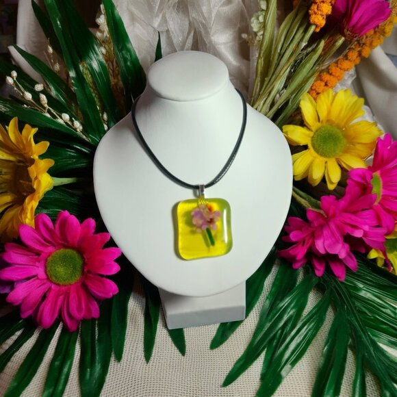 One-of-a-Kind Yellow & Pink Nature Inspired Fused Glass Pendant Necklace - Picture 6 of 9